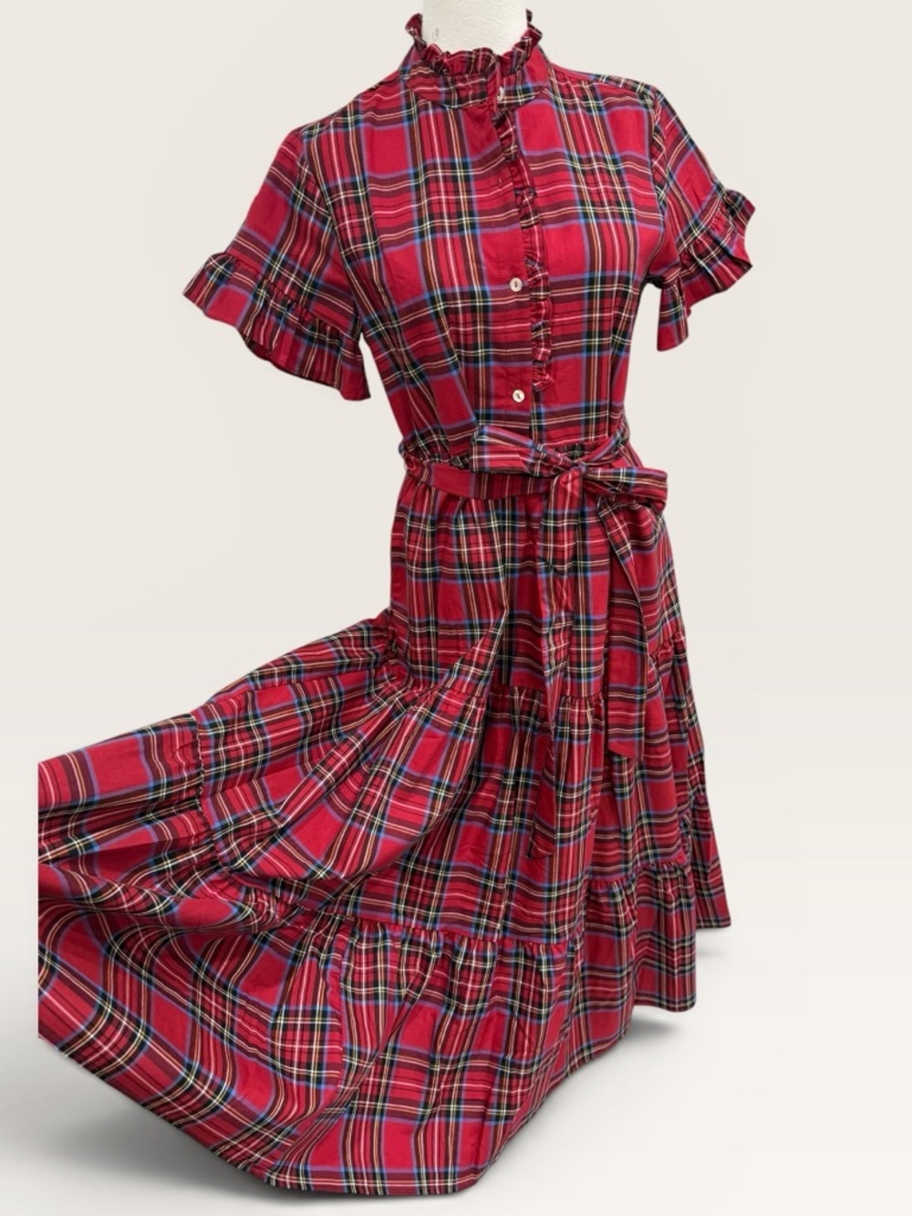 J. MARIE XS HOLLIN BELTED SHORT SLEEVE MIDI DRESS RED TARTAN PLAID NWT $180 - Picture 15 of 15